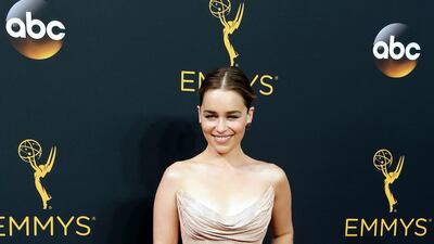 Emilia Clarke wears Versace to the 2016 Primetime Emmy Awards. EPA