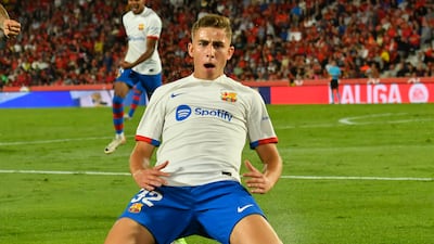 Fermin Lopez, pictured after scoring his first senior goal against Mallorca, is one of the La Masia graduates currently making his mark for Barcelona. EPA