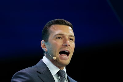 National Rally president Jordan Bardella giving his speech at the Reform UK conference. Bloomberg