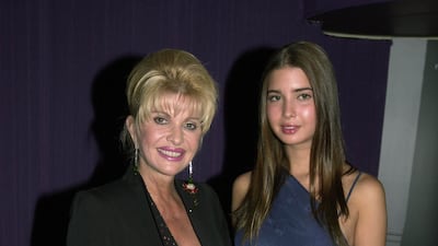 Ivana Trump and daughter Ivanka Trump, wearing an indigo one-shoulder dress, arriving at The Grosvenor House Art and Antique Fair in London on June 15, 2000. PA News
