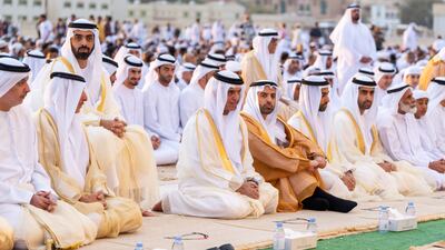Sheikh Saud bin Saqr Al Qasimi, Ruler of Ras Al Khaimah, performs Eid Al Fitr prayers at the Grand Eid Musalla in Khuzam. Wam