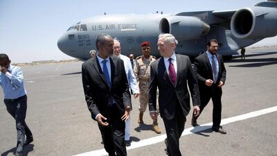 US defence secretary James Mattis is greeted by Djibouti's Minister of Defense Ali Hasan Bahdon as he arrives at Djibouti-Ambouli International Airport in Ambouli, Djibouti April 23, 2017. REUTERS/Jonathan Ernst
