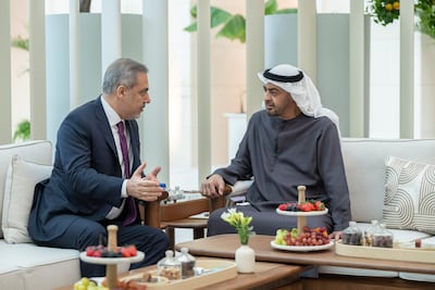 President Sheikh Mohamed meets Hakan Fidan, Foreign Minister of Turkey, at Al Shati Palace. Photo: UAE Presidential Court