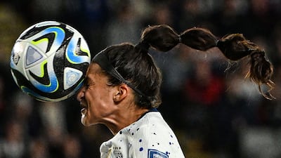 USA's forward #11 Sophia Smith heads the ball during the Australia and New Zealand 2023 Women's World Cup Group E football match between Portugal and the United States at Eden Park in Auckland on August 1, 2023. (Photo by Saeed KHAN / AFP)