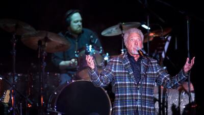 Tom Jones on stage on opening night of Dubai Jazz Fest at Dubai Media City Amphitheatre. Victor Besa for The National