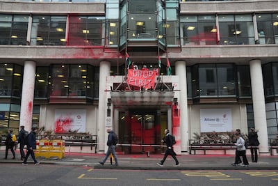 Supporters of Palestine Action sprayed red paint over the London offices of insurer Allianz, which they link to Israeli arms maker Elbit Systems. AP
