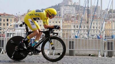 Chris Froome in action during the time trial on the penultimate day of the 2017 Tour de France. Claude Paris / AP Photo