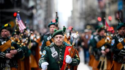 Bagpipers march on 5th Avenue during the annual New York City St Patrick's Day parade in 2019. AFP