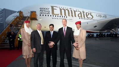 John Leahy, chief operating officer of Airbus, Adel Al Redha, executive vice president of Emirates Engineering and Operations, and Tom Enders, Airbus CEO, during the handover of the A380 to the Emirates airline in Hamburg, Germany, in 2010. Getty Images