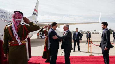 King Abdullah and Crown Prince Al Hussein welcoming Mr Al Sudani to Amman. AFP