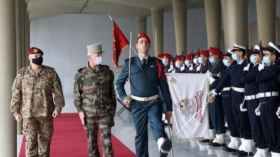 Lebanon's Army Commander General Joseph Aoun and French Armies Chief of Staff General Francois Lecointre reviewing an honor guard at the Lebanese Army headquarters in Yarze, east of Beirut. AFP