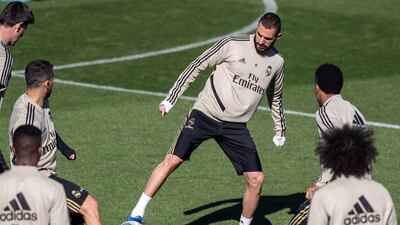 Real Madrid's Karim Benzema during training in Spain. EPA
