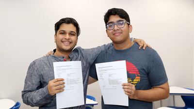 Jay Sunil Goenka, left, and Sumanyu Tonapi are happy after receiving their IB results at Gems Modern Academy.