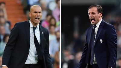 Real Madrid manager Zinedine Zidane, left, and Juventus manager Massimiliano Allegri, right. Cesar Manso; Miguel Medina / AFP