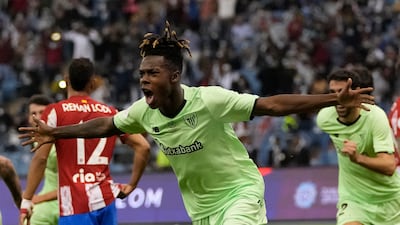 Athletic Bilbao's Nico Williams celebrates after a goal during the Spanish Super Cup semi final soccer match between Atletico Madrid and Athletic Bilbao at King Fahd stadium in Riyadh, Saudi Arabia, Thursday, Jan. 13, 2022. (AP Photo / Hassan Ammar)