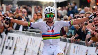 UAE team Emirates-XRG rider Brandon McNulty celebrates winning the Veneto Classic. Photo: @TeamEmiratesUAE / X