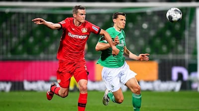 Sven Bender (L) of Leverkusen in action against Maximilian Eggestein (R) of Bremen during the German Bundesliga soccer match between SV Werder Bremen and Bayer 04 Leverkusen in Bremen, Germany. EPA