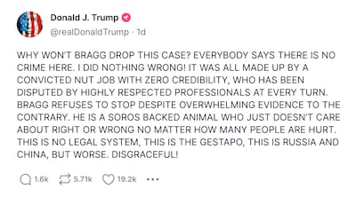 Former president Donald Trump calls the Manhattan district attorney an 'animal' on Truth Social. Photo: Screengrab of Truth Social