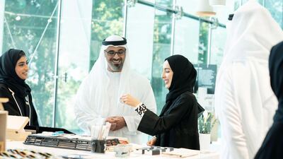 Sheikh Khalid bin Mohamed, Member of the Abu Dhabi Executive Council and Chairman of the Abu Dhabi Executive Office, visits the Abu Dhabi Youth Centre on Wednesday. He is accompanied by Shamma Al Mazrui, Minister of State for Youth Affairs. Wam