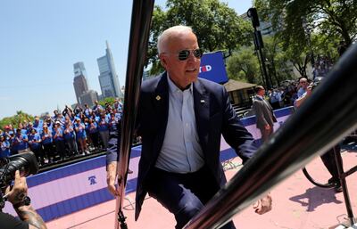 US Democratic presidential candidate and former Vice President Joe Biden runs up the steps onto the stage to begin the kickoff rally of his campaign for the 2020 Democratic presidental nomination in Philadelphia, Pennsylvania, US, May 18, 2019. REUTERS