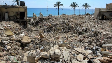 Buildings destroyed in Israeli strikes in the southern Lebanese coastal city of Tyre.
