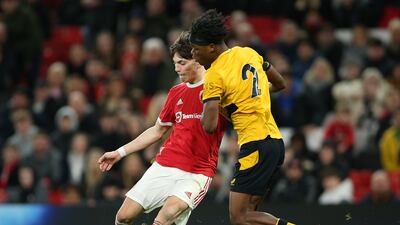 Manchester United's Alejandro Garnacho scores their side's second goal of the game during the FA Youth Cup semi final match at Old Trafford, Manchester. Picture date: Wednesday March 9, 2022.