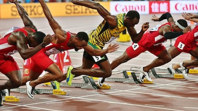 Usain Bolt comes out of the blocks quickly at the start of the 100-metres final at the World Championships in Beijing on Sunday. Wu Hong / EPA