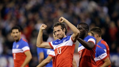 Mix Dikerud of the United States celebrates after his goal against Azerbaijan in an international friendly on Tuesday. Ezra Shaw / Getty Images / AFP / May 27, 2014