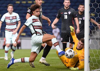 Portugal forward Joao Felix in action against Croatia goalkeeper Dominik Livakovic. AFP