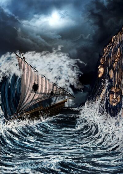 Layanne Elboreini tells the story of Salama the mountain, who sinks any ship that draws near it. Illustration by Arwa Al Amri.