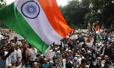 Indian Muslims from Jamiat Ulema-e-Hind take part in a protest against the Citizenship (Amendment) Bill 2019 (CAB) in New Delhi. EPA
