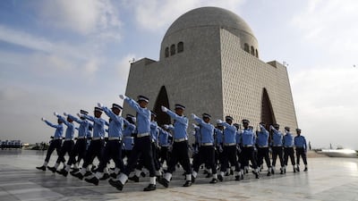 Air Force cadets march outside the mausoleum of Pakistan's founder Mohammad Ali Jinnah in Karachi to mark Defence Day, the anniversary of the country's second war with India between August and September 1965 with both sides claiming victory after it ended in a stalemate, AFP