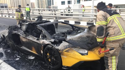 A yellow Lamborghini Aventador that caught fire in the Dubai Marina in 2015. Courtesy James Vincent