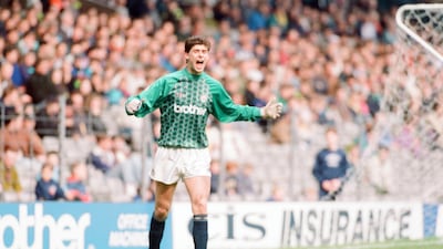 Manchester City 2-1 Derby County, league match at Maine Road. Niall Quinn, Man City Striker takes over in goal. Quinn, scored early on and saved a penalty as City beat Derby County 2?1, relegating Derby in the process. City goalkeeper Tony Coton was sent off before half time for fouling Dean Saunders to concede the penalty. Getty Images
