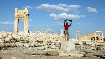 A Syrian soldier inside the historical city of Palmyra on March 29, 2016. EPA