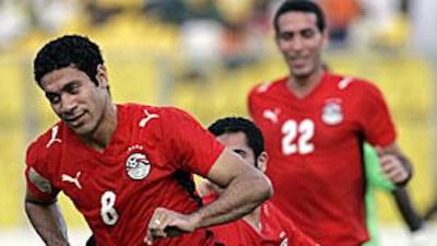 Egypt's Hosny Abd Rabo celebrates after scoring against Angola during their African Cup of Nations quarter-finals in 2008.
