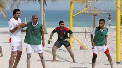Humaid Jamal takes part in the UAE's final training session at Dubai's Mamzar Brach on Sunday before the team departed for Tahiti to take part in the 2013 Fifa Beach Soccer World Cup. Pawan Singh / The National