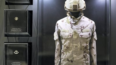 A Defence Force uniform on display at the UAE Armed Forces Exhibition held at Etihad Museum in Dubai. Pawan Singh / The National