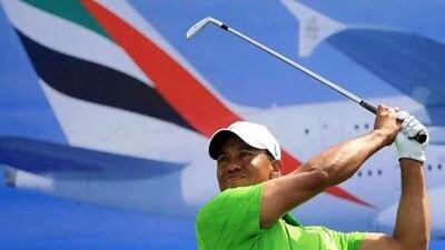 Tiger Woods tees-off on the 7th hole during the second round of the Dubai Desert Classic golf tournament at Emirates Golf Club in Dubai. Ravindranath K / The National