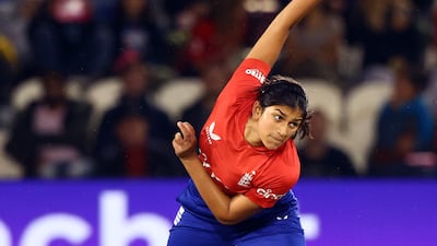 Mahika Gaur of England bowls a delivery. Getty