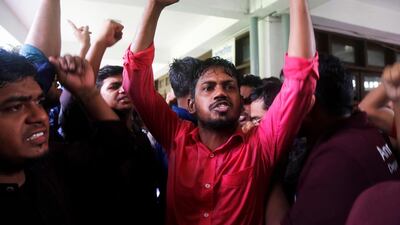 Dhaka University students take part in a protest after a fellow student was found dead, at Dhaka University campus in Dhaka, Bangladesh, October 7, 2019. EPA/MONIRUL ALAM