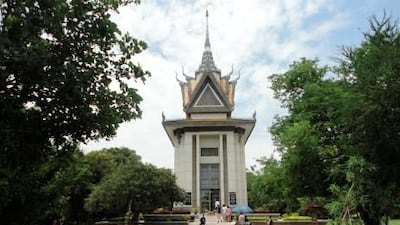 The memorial stupa at Choeung Ek, about 17km south of Phnom Penh, Cambodia, houses over 5,000 skulls of those buried in the killing fields during the Khmer Rouge regime in the late 1970s.