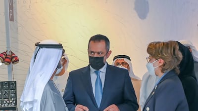 Sheikh Mohammed bin Rashid and Maeen Abdulmalik Saeed at the Yemen pavilion.