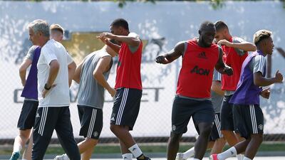 United States Football Soccer - Manchester United training - University of California Los Angeles - July 10, 2017 Manchester United's Romelu Lukaku (3rd R) trains as Jose Mourinho (L) watches training REUTERS/Lucy Nicholson