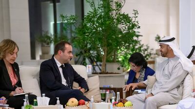 President Sheikh Mohamed meets Sebastien Lecornu, France's Defence Minister, at Al Shati Palace in Abu Dhabi. Photo: UAE Presidential Court