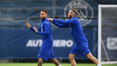 PSG's Neymar and Sergio Ramos during training. AFP
