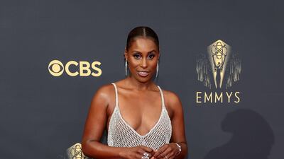 Issa Rae in a custom mesh look in white from Aliette. AFP