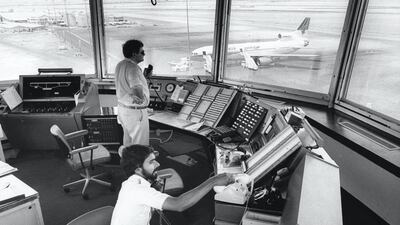 The air traffic control tower at Dubai International airport in the 1970s