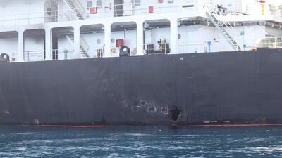The hole in the hull and blast damage on the starboard side of the Japanese-owned Kokuka Courageous.