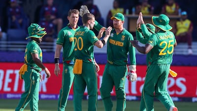 South African players celebrate the dismissal of West Indies' Shimron Hetmyer. AP